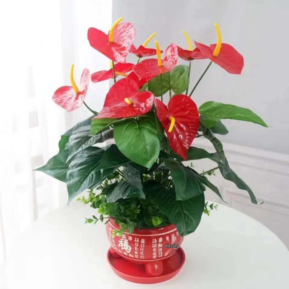 Phalaenopsis Silk Flower Arrangement in Red Ceramic Pot for Indoor Decoration or Weddings