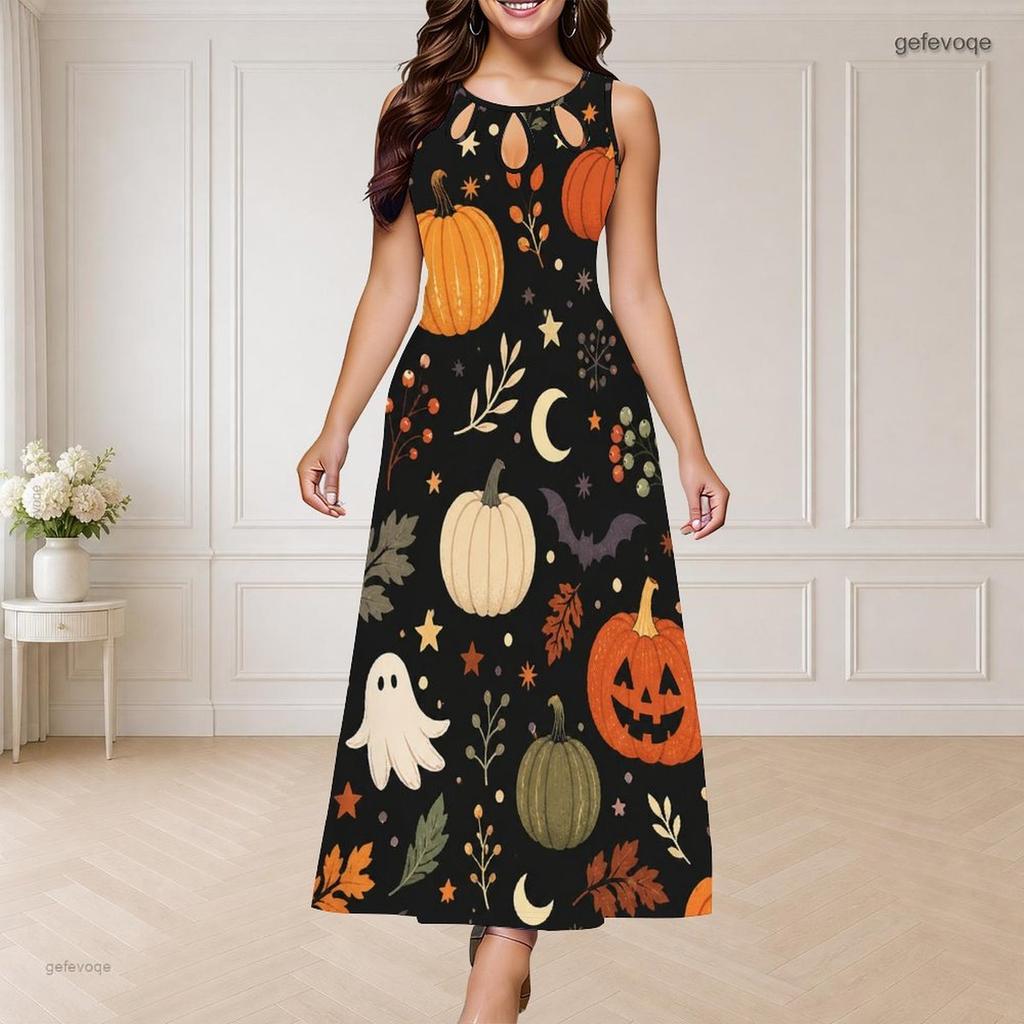 Women Plus Size Round Neck Triple Keyhole Sleeveless Cartoon Ghost Duck Printed Long Dress