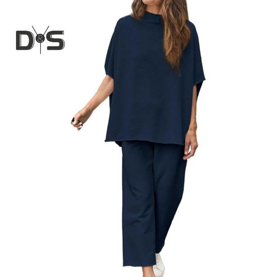 2 ks/sada Dámske Top nohavice Súprava Polovysoký golier Blúzka so širokými nohavicami Elastický pás Nohavice s vreckami Voľný outfit na voľný čas
