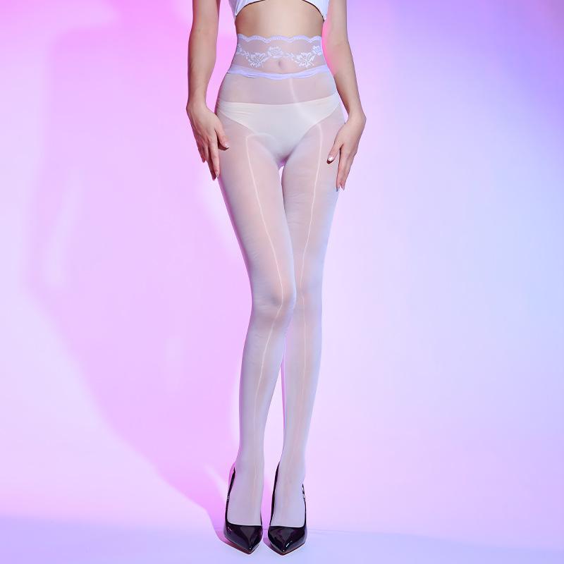 Calze sexy in pizzo a vita alta con cavallo profondo ultra-sottili oleose lucide setose divertenti trasparenti tentazione cavallo aperto olio di cavallo calze nere donna