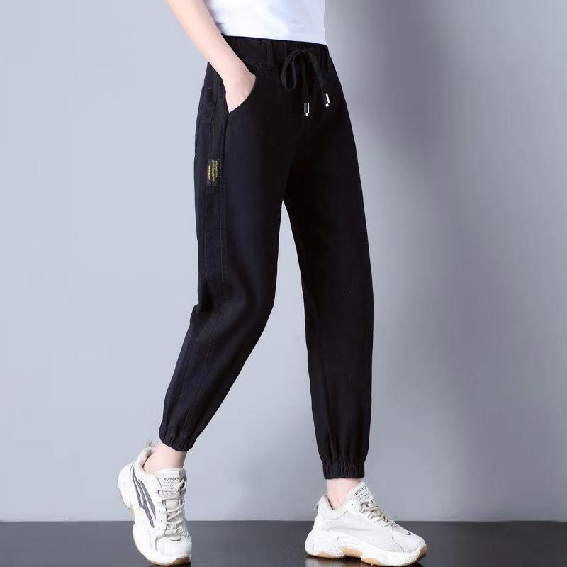 Jeans für Damen Frühling und Herbst Neue koreanische Edition Lockerer elastischer Bund Eng anliegende Neun-Punkte-Harems-Hose für Damen