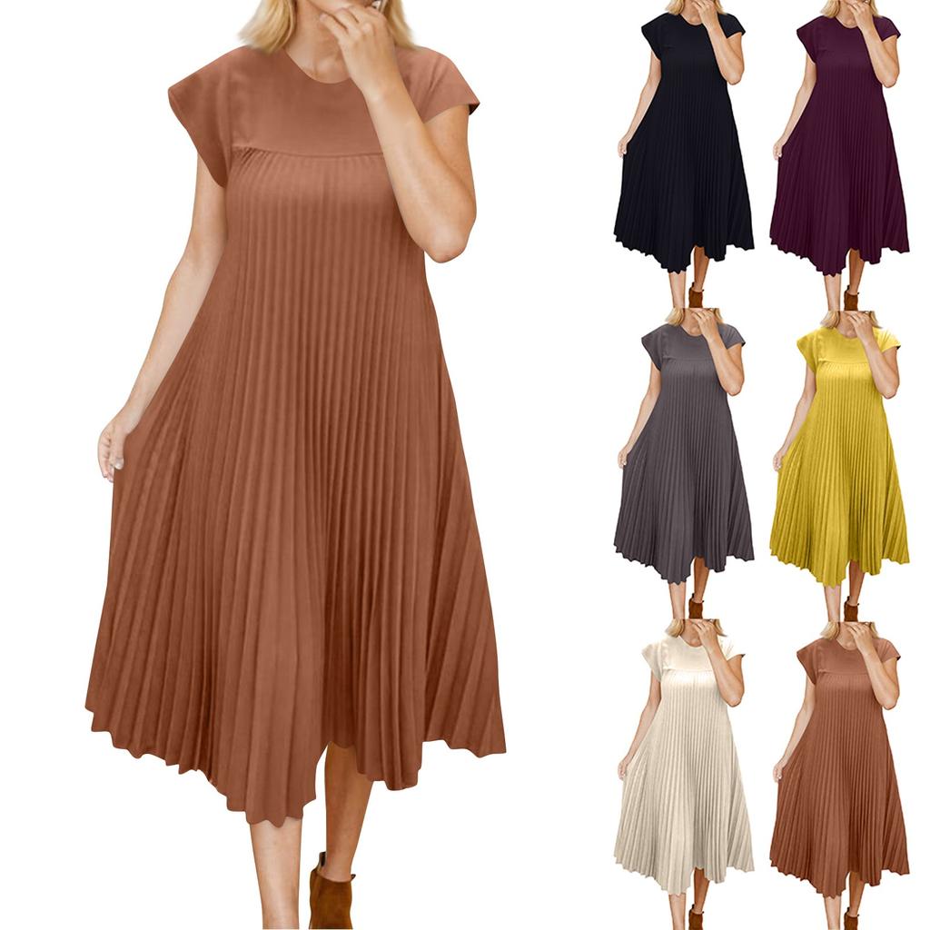Dress Women's Fashionable Round Neck Sleeveless Pleated Long Dress