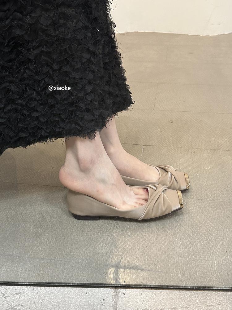 Spring 2025 new French temperament with skirt single shoes female light mouth fairy style satin square head flat bottom ladyshoes