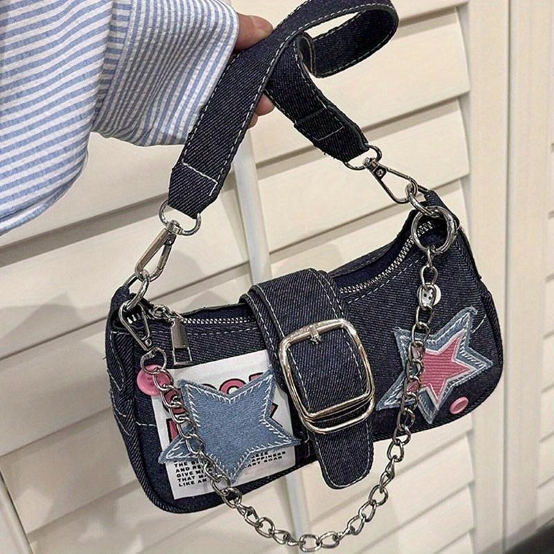 Y2K Fashionable Multi-Functional Star & Moon Design Unique Pink Chain Decor Steampunk Ladies Rock Style Bag Suitable for Girls'' Street Style
