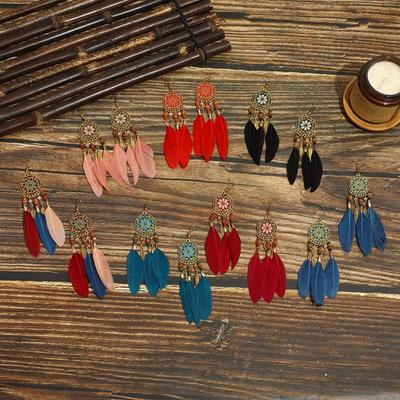 Boucles d'oreilles à pampilles de plumes de style bohème, boucles d'oreilles pendantes de style ethnique boho, bijoux