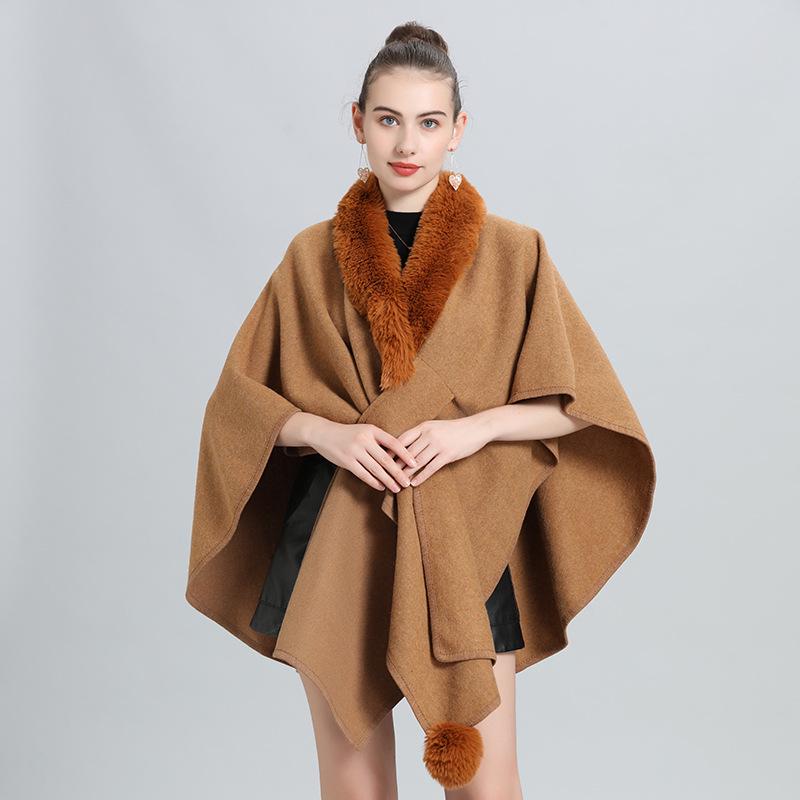 Autumn/Winter Knitted Scarf Shawl Cape with Fur Collar and Pom-Poms (Style 0962#)