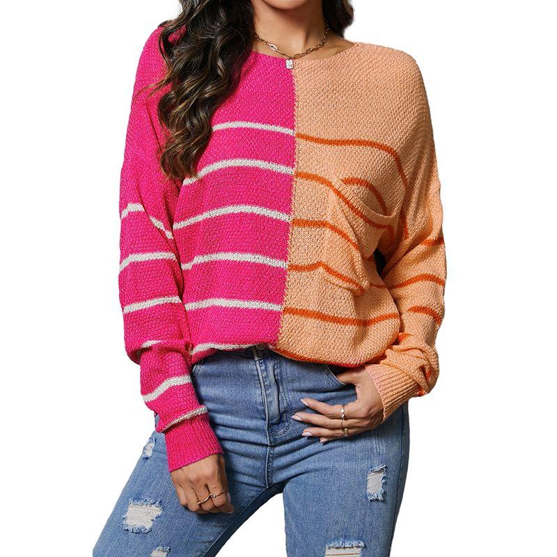 

and Winter New Arrival Fashion Stylish Contrast Color Long Sleeves Tops Women European and American Leisure Loose Stripes Drop Shoulder Sweater Women Color Size XL fit (70.00 kg-75.00 kg
