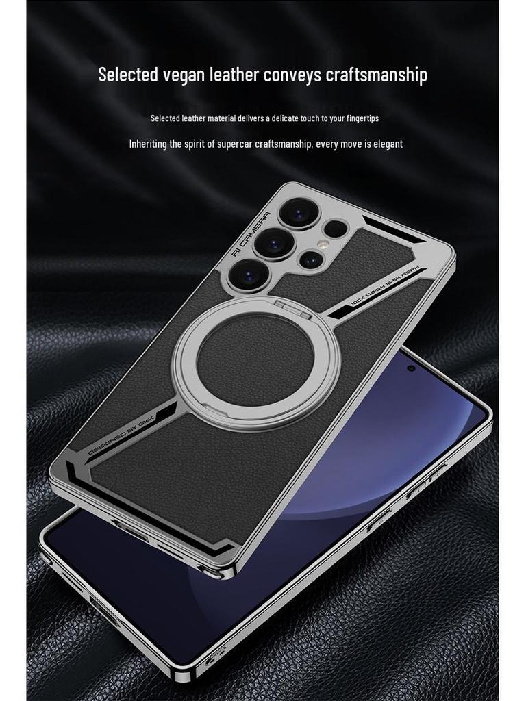 Samsung S25 Ultra Protective Case with Magnetic Rotating Stand – Anti-fall, Electroplated Leather Cover