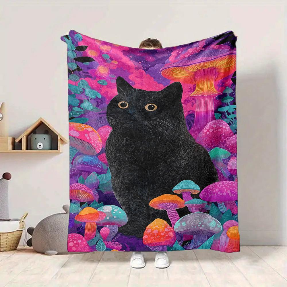 1pc Mushroom Fantasy Cat Blanket, Lightweight Flannel Throw Blanket For Sofa, Bed, Travel, Camping, Living Room, Office, Couch, Chair, And Bed