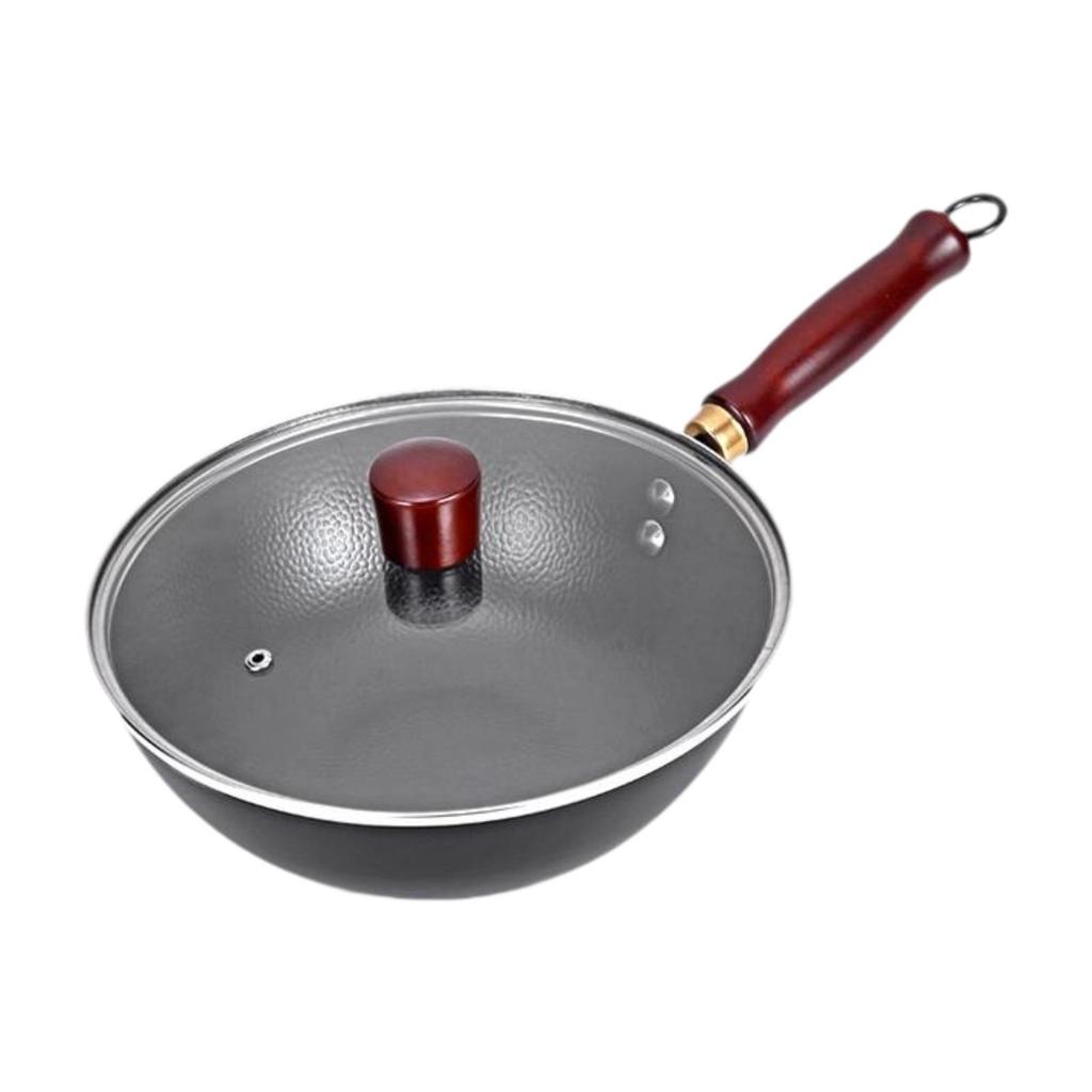 Iron Wok Suitable for All Stoves Pot Cookware Cooking Round Bottom with Wooden Handle Non Coated Rustproof Kitchen Nonstick
