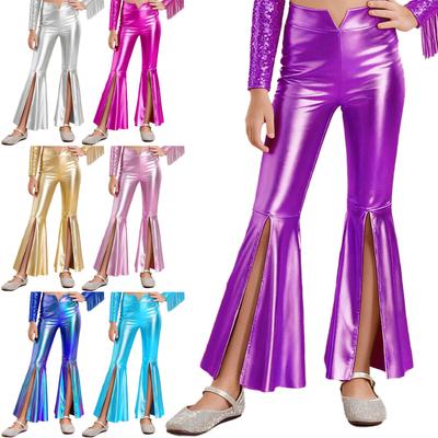 Girls Stage Competition Pants: Sparkling Metallic Fabric with Unique Split Bell-Bottom Hem for Dance & Pageant