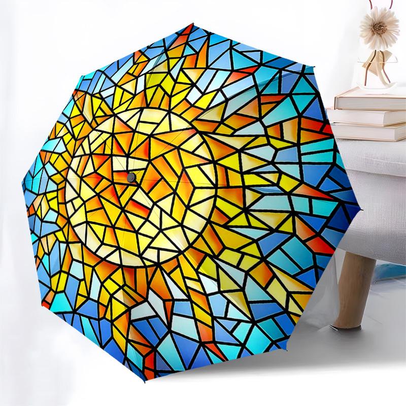 

1pc Stained Glass Sun Design Automatic Opening Folding Umbrella - Portable 3-Fold Design with Iron Frame - Outdoor - Ideal Gift for Fans, Travelers, D