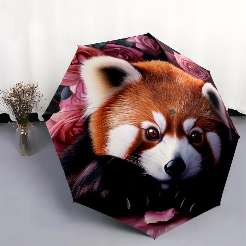 Red Panda and Rose pattern, automatic folding umbrella, portable and foldable design, 8 ribs, a Christmas or birthday gift.