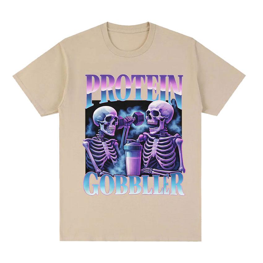 Protein Gobbler Gym TShirt Funny Skeleton Fitness Weightlifting Meme Graphic TShirt Unisex Women Fashion High Quality Cotton Tees