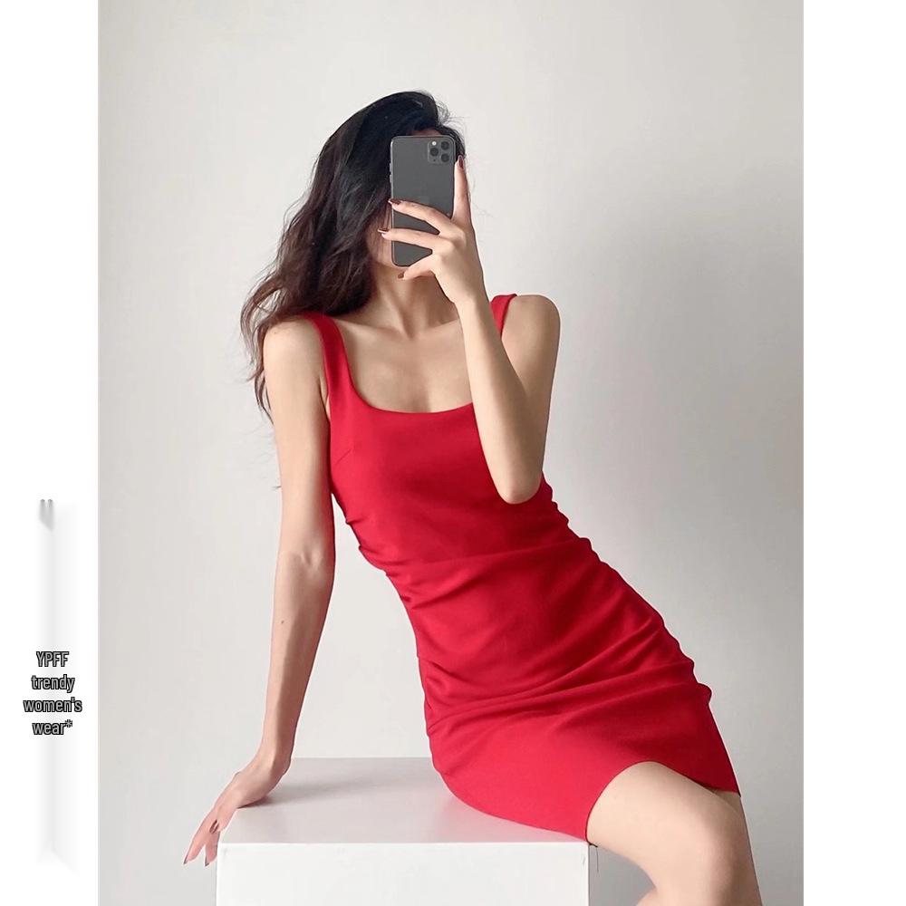 Women's Solid Color Square Neck Sleeveless Pleated Bodycon Summer Dress