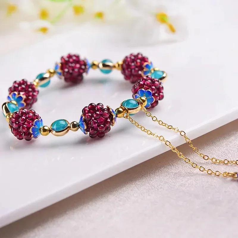 3mm Natural Garnet Flower Ball Crystal Bracelets Fashion Women Woven Transfer  Cloisonné Tassel Bangles Party Jewelry