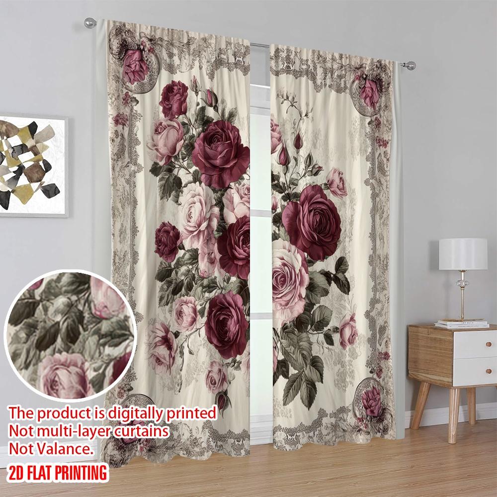 2D flat printing 2pcs Party Window Curtains Floral Rose Versatile Fabric  Without Electricity Holiday Decorations Applies to room