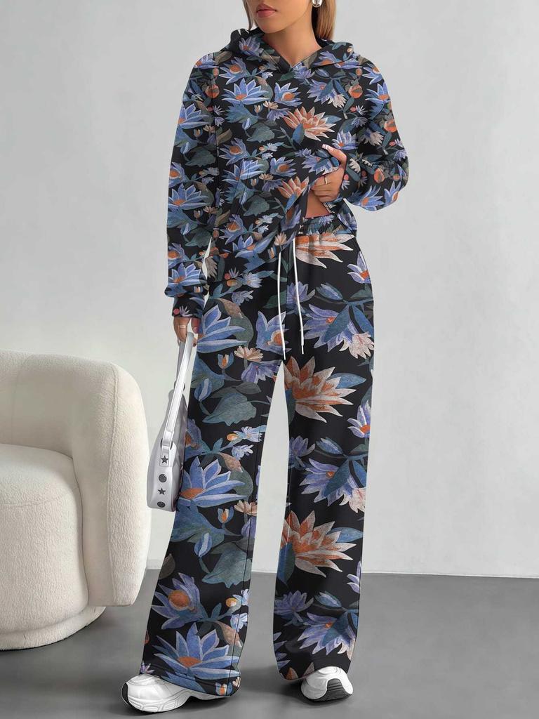 European and American Autumn/Winter 1116 Casual Vintage Floral Long-Sleeve Set, Women's Hoodie Sweatshirt and Long Pants Two-Piece Set