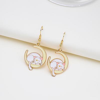 New Lying Moon Cat Star Earrings, Face Skinny Ear Hook Girl Cartoon Cute Ear Accessories