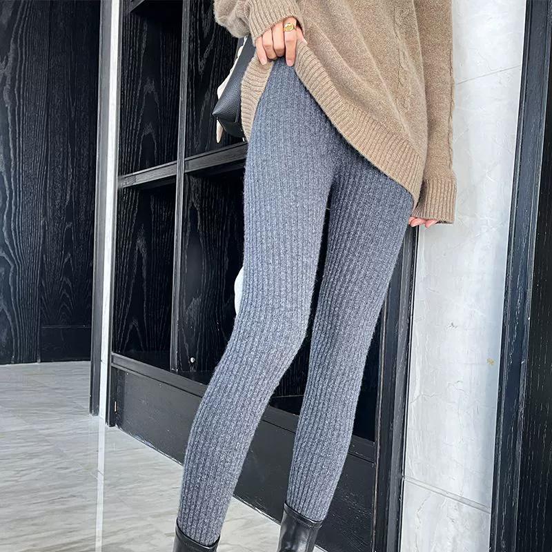Slim Leggings Autumn Women High Waist Casual Trousers Knitted Ribbed Thicken Solid Elasticity Thermal Ankle-Length Leggins