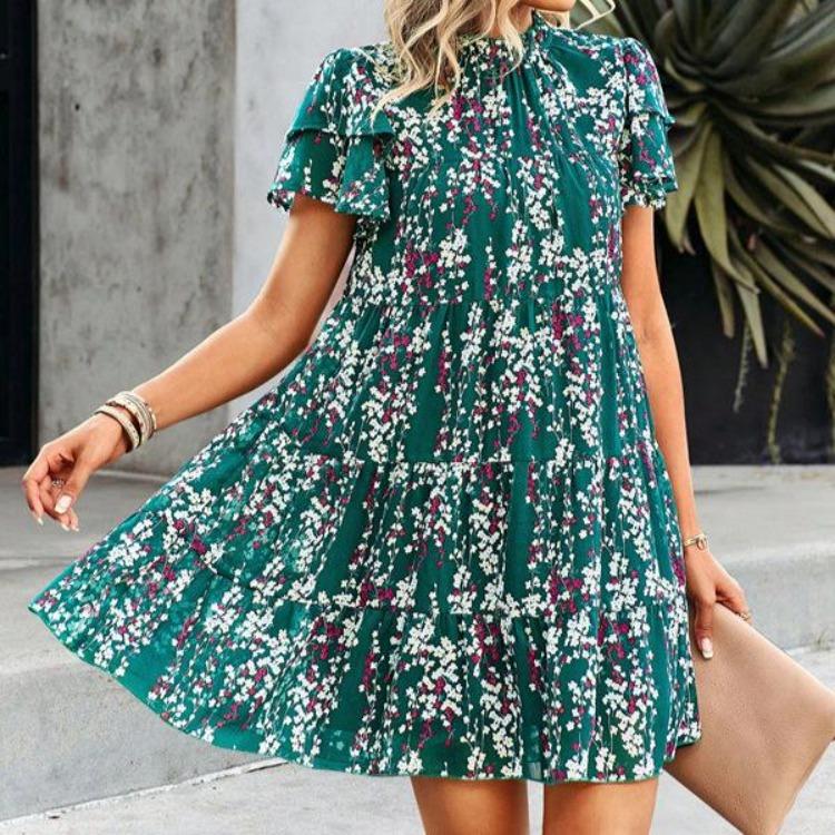 Bohemian One Piece Casual Dress Women Floral Printed Loose Chiffon Short Sleeve Above Knee