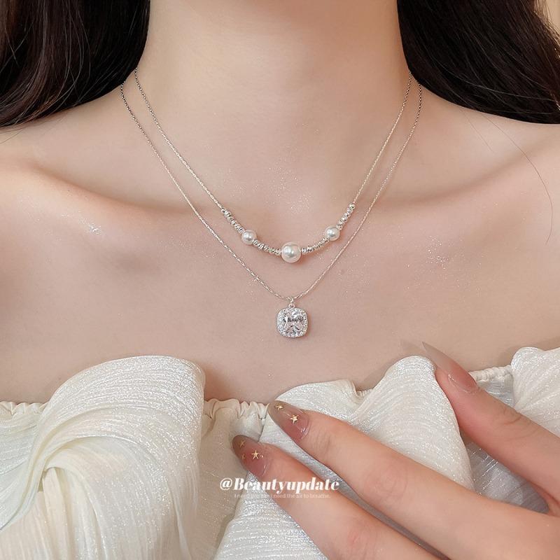 Zircon pearl beaded square pendant necklace light luxury niche double layer stacked collarbone chain light luxury high sense neck chain