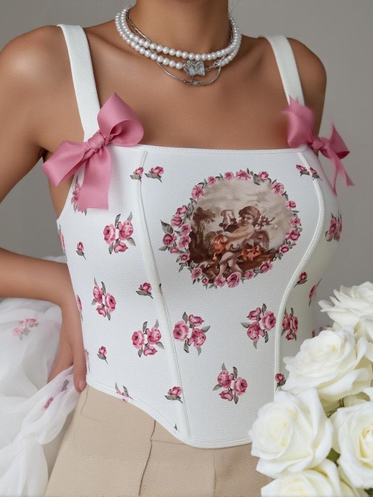 Fishbone Print Sexy Corset Camisole – European Style Backless Strappy Waist Cincher