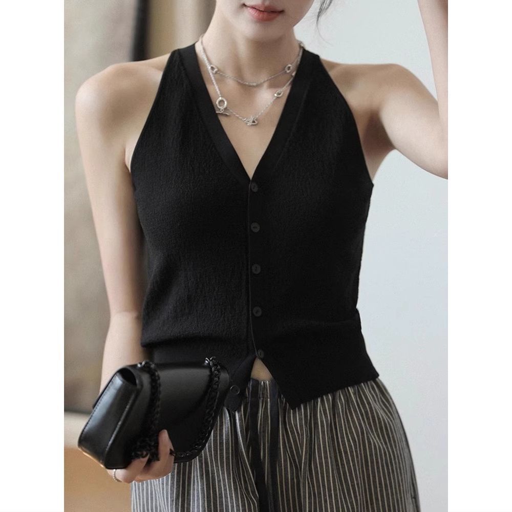 

Шикарный дизайн красный слинг-жилет женский летний V-образный вырез облегающий короткий на шею вязаный верх без рукавов one size fits all чёрный