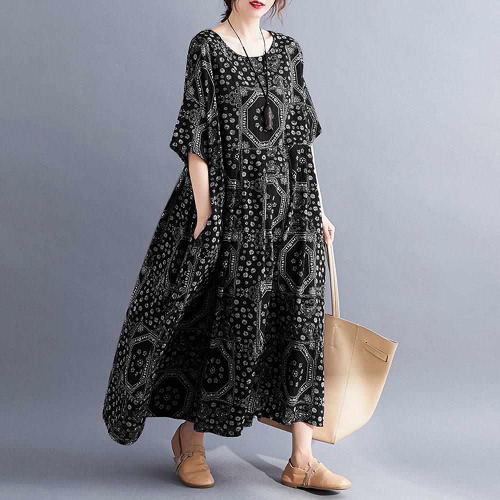 

Женское свободное платье с принтом O-образного выреза и карманом в винтажном стиле с карманами на рукавах и карманами