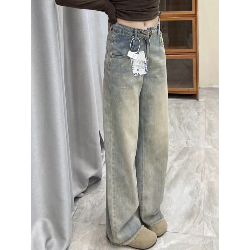 

145 Small American Retro Distressed Raw Edge Denim Loose Pants Female Fall and Winter Loose Drooping All-Matching Straight Pants Retro blue Small XL