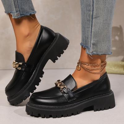 Sieviešu ķēžu dekors Platformas svārki Vienkrāsaini apaļi purngalu slīdēšanas apavi ikdienas apavi Sieviešu modes Preppy stila kleitas lielizmēra apavi