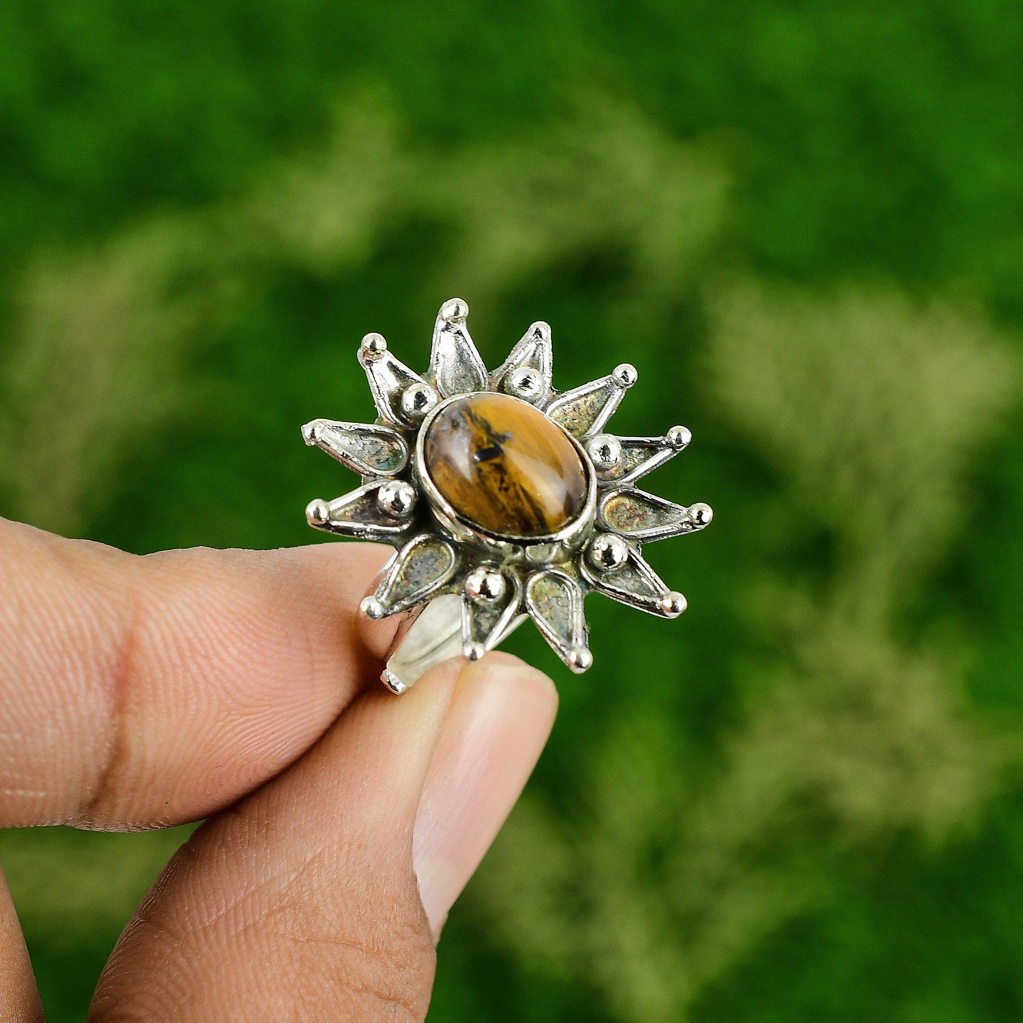 

Natural Tiger S Eye Statement Flower Adjustable Ring 925 Silver For Women Adjustable