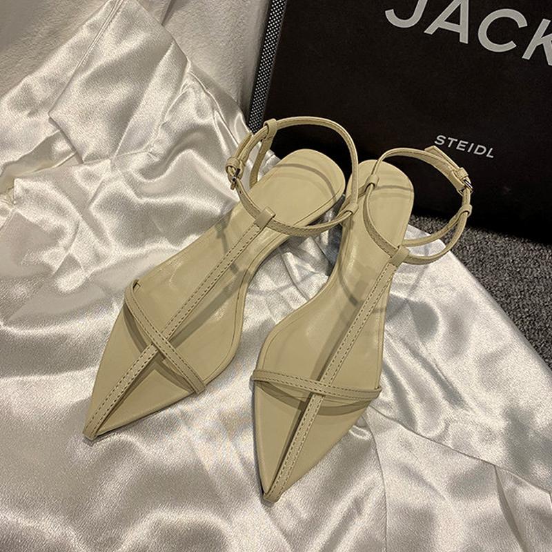fashion Women Fashion Sandals Thin Low Heels Pointed Open Toe Ankle Strap Dress Shoes Solid Color Summer Ladies Thin Low Heels Sandals