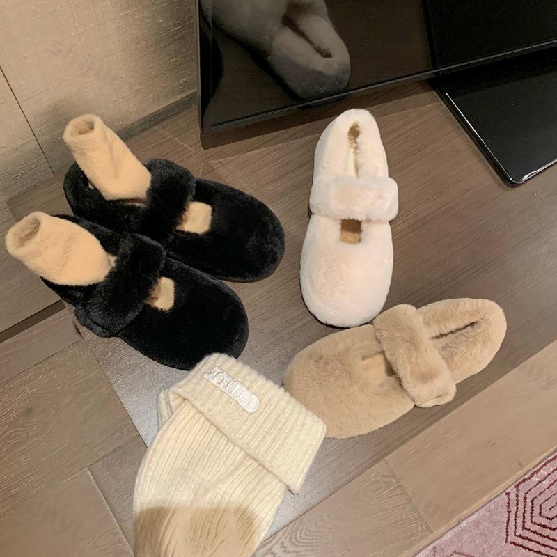 Women's Flat Shoes 2026 Winter Comfortable Anti Slip Indoor Cotton Shoes Fashionable Plush Warm Mary Jane Shoes Zapatos Mujer
