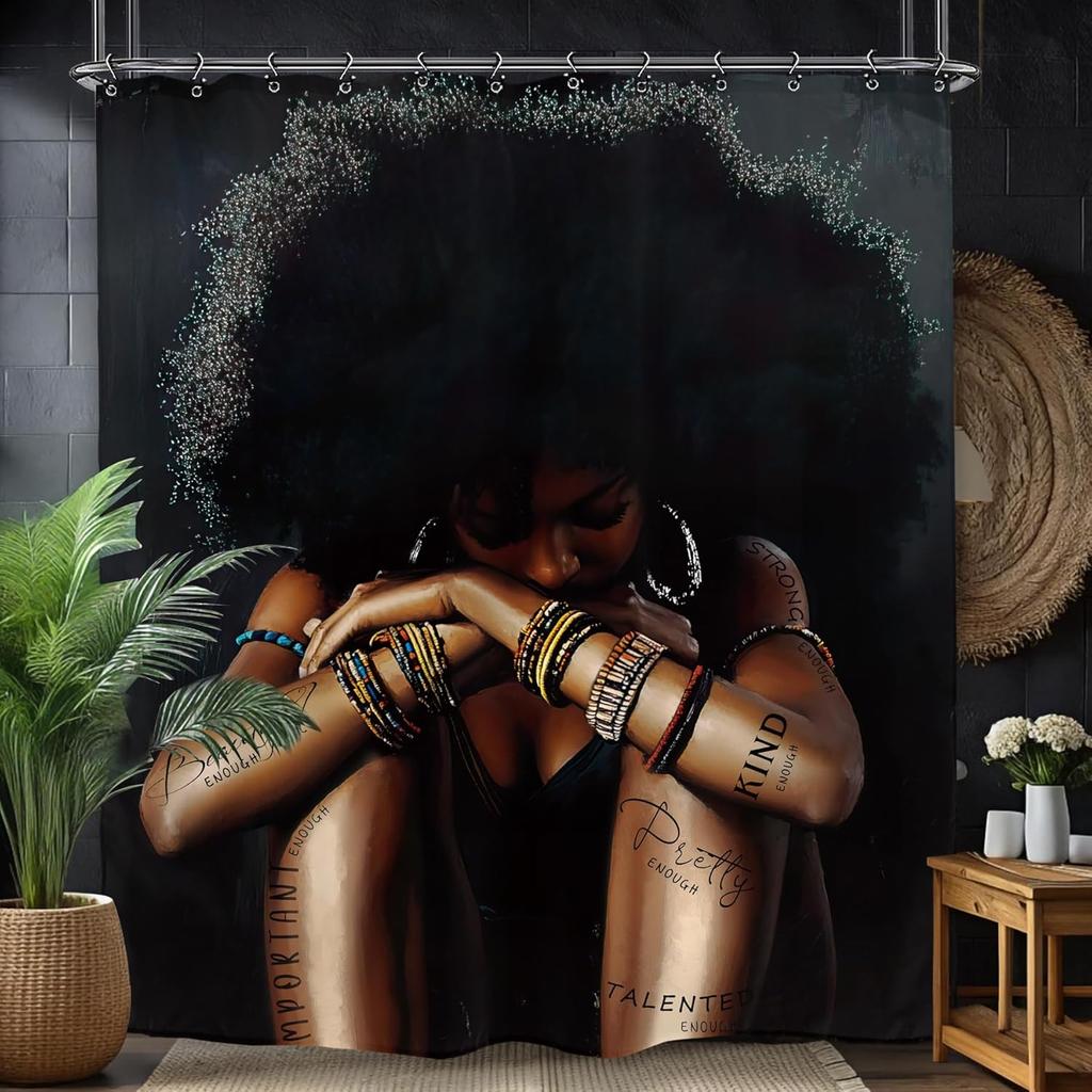 African American Flower Shower Curtain, Black Girl Marble Design, Inspirational Motivational Print, Waterproof Polyester