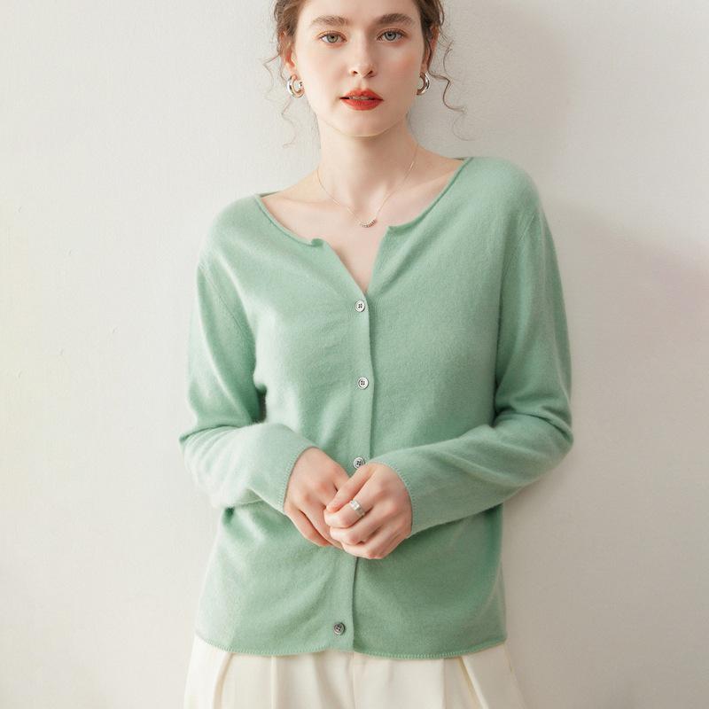 Korean Style Light Luxury Cashmere Cardigan - Women's Round Neck, Rolled Hem, Loose Fit, Slimming Knitwear Versatile Top