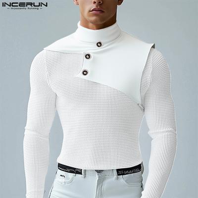 Men Stand Neck Long Sleeve Patchwork Waffle Casual Pullover T-shirts