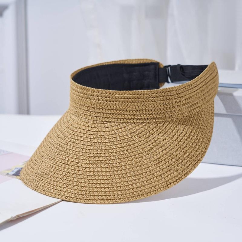 Women Straw Sun Caps Foldable Portable Empty Top Hat Ponytail Sun Visor Hats for Outdoor Beach Holiday Summer Adjustable Caps