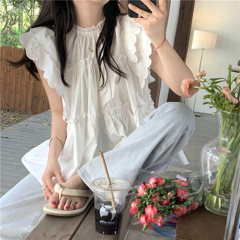 Splicing Ruffled White Shirt with Women's Summer Pleated Design Flying Sleeve Shirt Loose Top