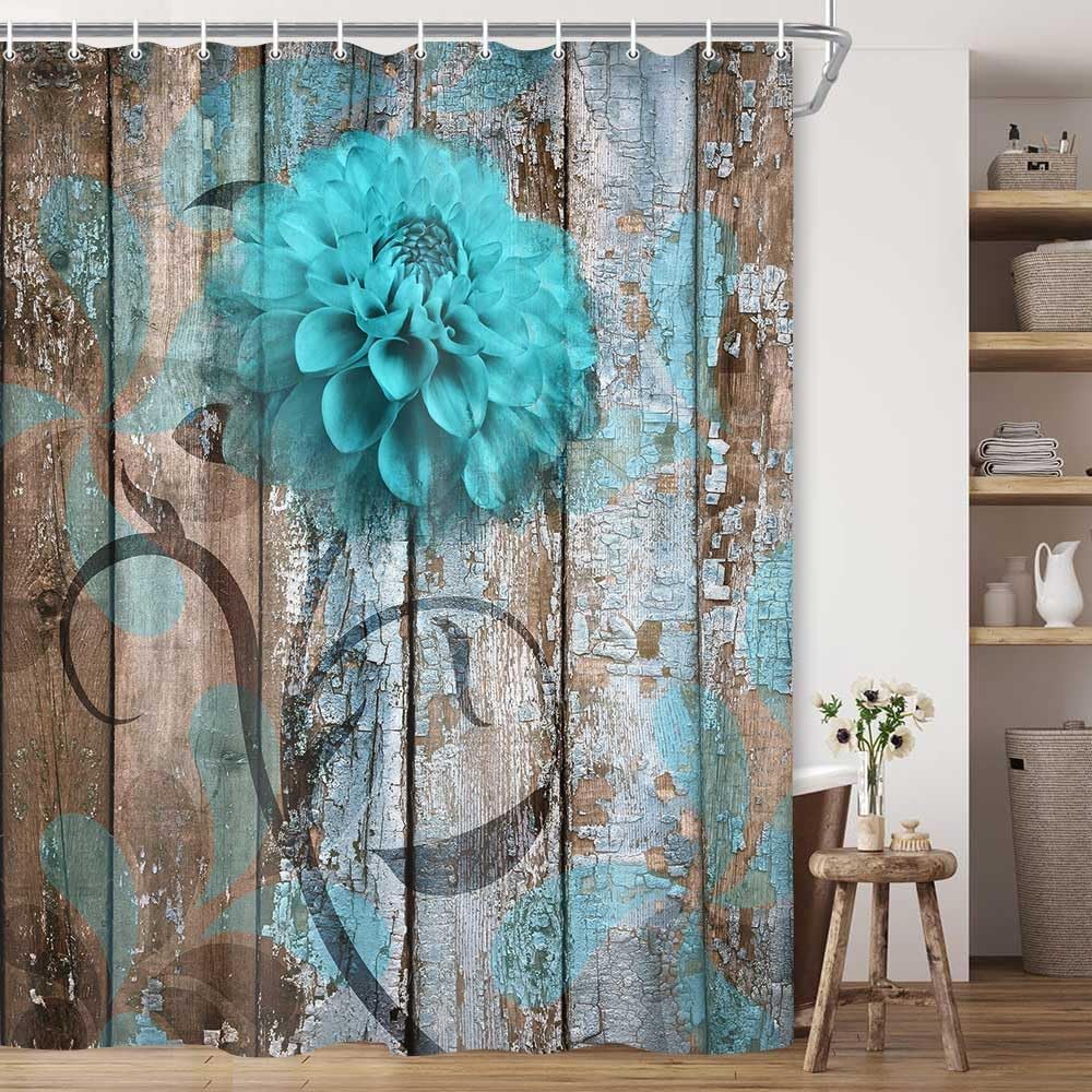 

Farmhouse Flower Floral Printed Shower Curtain Rustic Teal Turquoise Dahlia For Bathroom Decor W60H190(CM)-1 Pcs