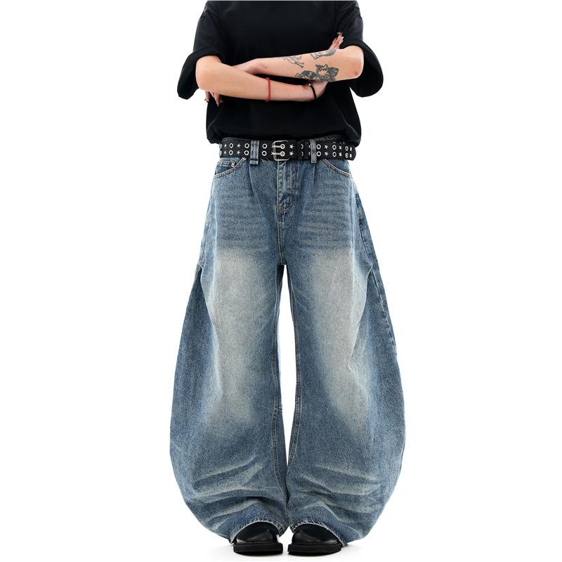 American Retro Old Silhouette Scimitar Jeans Women's Design Feeling Wrinkled Loose Straight Wide Leg Mopping Pants Tide