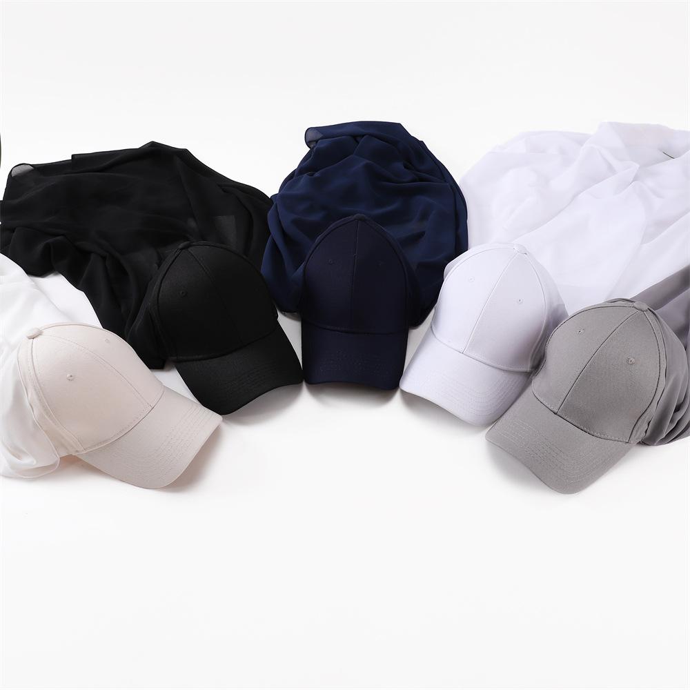 Women's Solid Color Hijab Scarf & Cotton Baseball Cap 2-Piece Set Chiffon Headscarf with Adjustable Cap Fashionable Hijab Combo