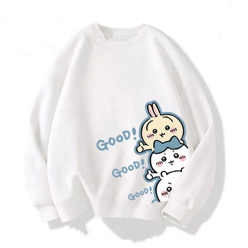 

Japanese-Style Cute Cartoon Usagi Print Crew Neck Sweatshirt for Men and Women, Teenagers, Autumn and Winter, Fleece-Lined, Loose Top White Regular Style XL
