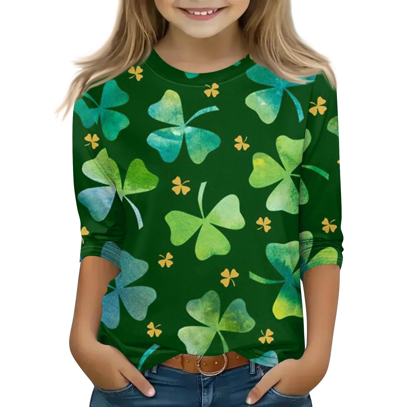 

Топы с принтом для девочек 5-16 лет с круглым вырезом и рукавами 3/4 Футболки Модные топы Наряды Футболки 160 зелёный