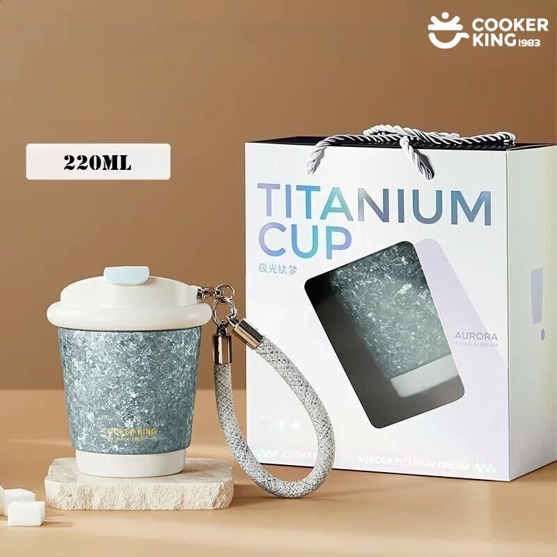 COOKER KING 220/360ML Mini Pure Titanium Thermos Cup with Titanium + PP Straw Carrying Strap Water Bottle Thermos Flask Thermos 220ml