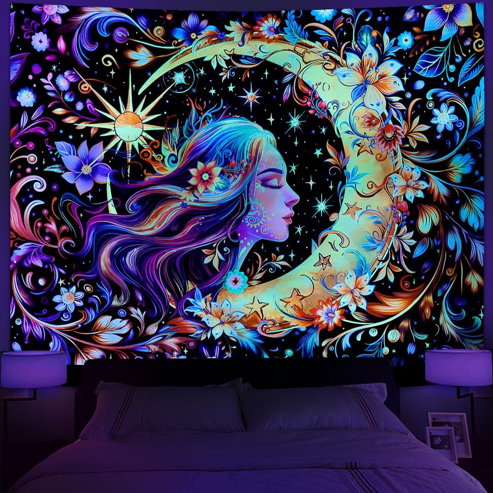 Serborlur Blacklight Sun and Moon Tapestry UV Reactive Psychedelic Floral Tapestries Galaxy Space Tapestry Hippie Boho Mandala Wall Hanging Flower