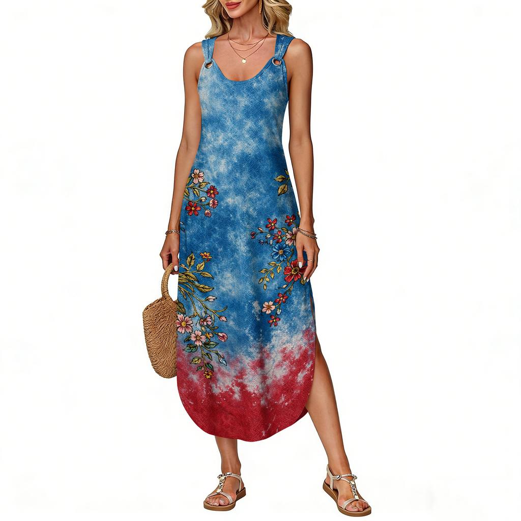 Women's Summer Long Dress Sleeveless Side Slit Long Independence Day Print Vacator Dress