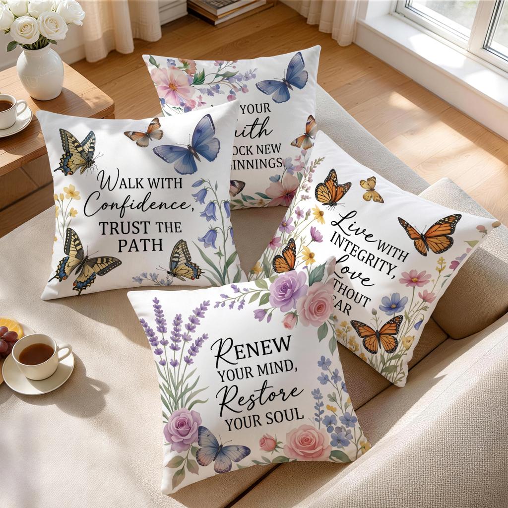 4 Stück Schmetterling Blume Motto Design Kissen Kissenbezug Polyester Kissenbezug Dekokissen Kissenbezug Haus Auto Sofa Dekor