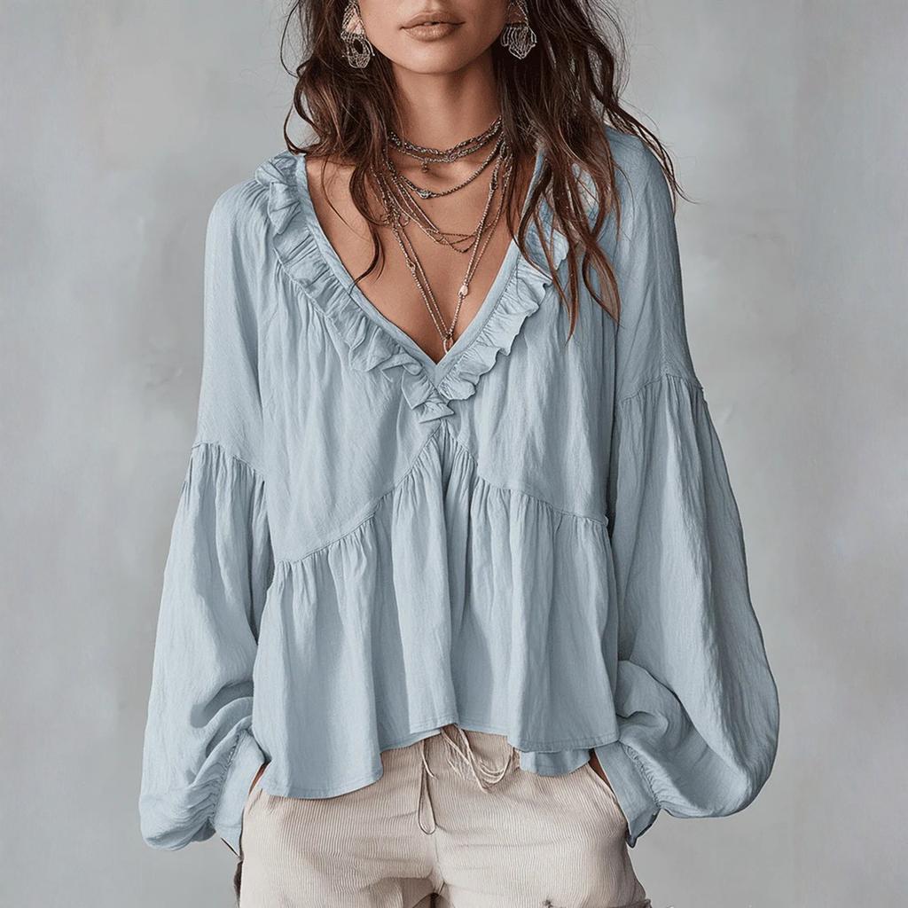 Women's Loose-fitting, Casual, And Sweet Blouse With Ruffled Trim And Puff Sleeves.