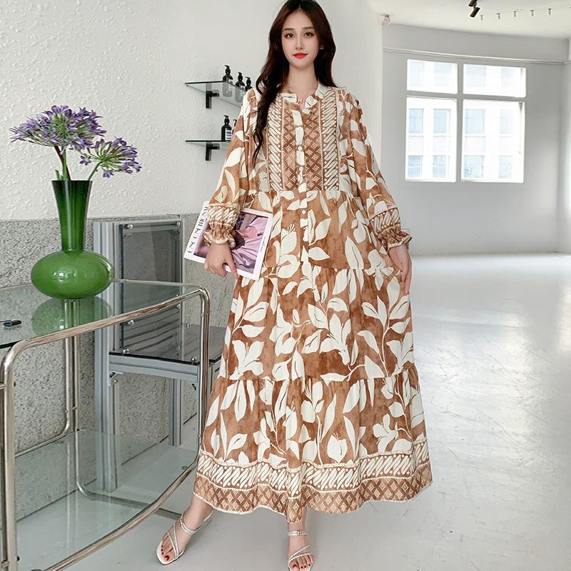 South East Asia People Cotton Floral Long Dress Bohemian Long Sleeve Loose Dress Fat Girl Plus Size Maternity Skirt